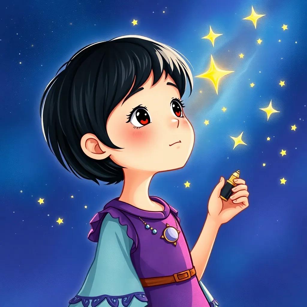 A young girl astronomer, Lizara, with short dark hair wearing a celestial-themed tunic, looking at the night sky filled with twinkling stars, illustration, vibrant colors, magical atmosphere, high quality