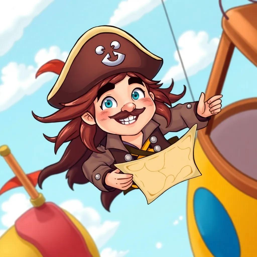 A sky pirate, Karmir, with long windswept hair, wearing a weathered pirate outfit and a tricorn hat, smiling as he holds a treasure map, flying above in a colorful airship, illustration, adventurous theme, bright colors, high quality