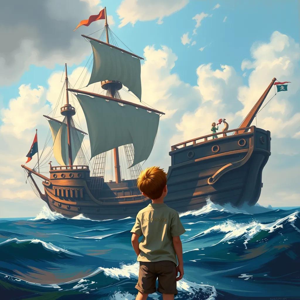 A young boy, Mark, with short brown hair and wearing a simple shirt and shorts, looking amazed as a big pirate ship towers over him on the ocean, digital art, colorful, adventurous atmosphere, high quality