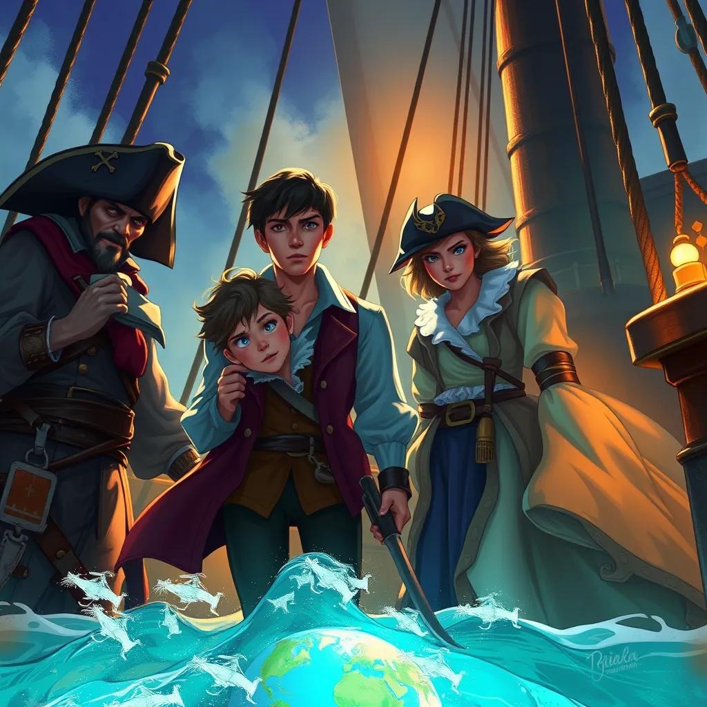 Mark with his parents, looking determined as they sneak past pirates on the ship deck, all three dressed in sailing clothes, digital illustration, mysterious lighting, vibrant colors, high quality
