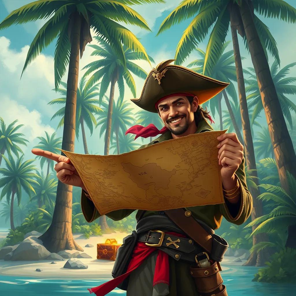 Mark pointing confidently at a treasure map that he holds, surrounded by tall jungle trees on a deserted island, with a glint of treasure in the background, digital art, adventurous, bright colors, high quality