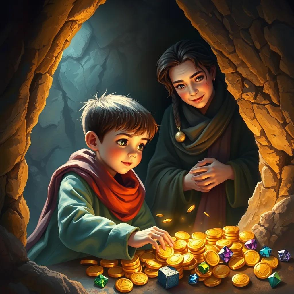 Mark collecting gold coins and jewels inside a cave, his parents watching with pride, colorful treasures reflecting light, digital painting, magical atmosphere, high quality