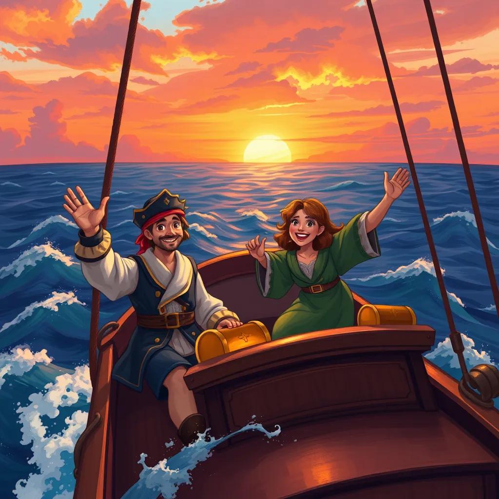 Mark and his parents on their ship, smiling and waving as they sail towards the sunset with treasure, colorful sky and ocean waves, digital illustration, joyful, high quality