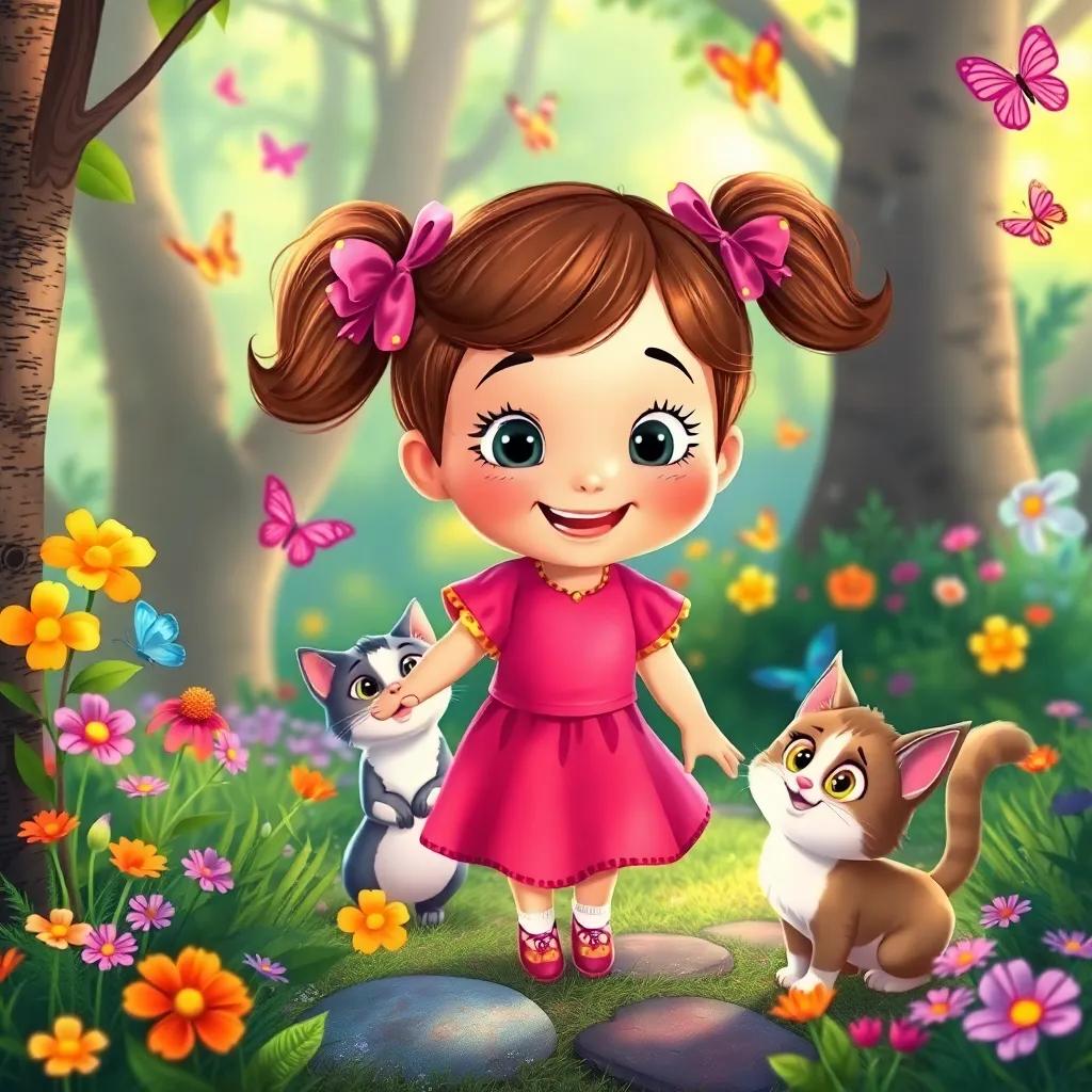 Masha, a cheerful girl with pigtails in a bright dress, exploring a colorful forest with her playful cat Dusya, surrounded by butterflies and flowers, illustration, whimsical, lively and enchanting, child-friendly