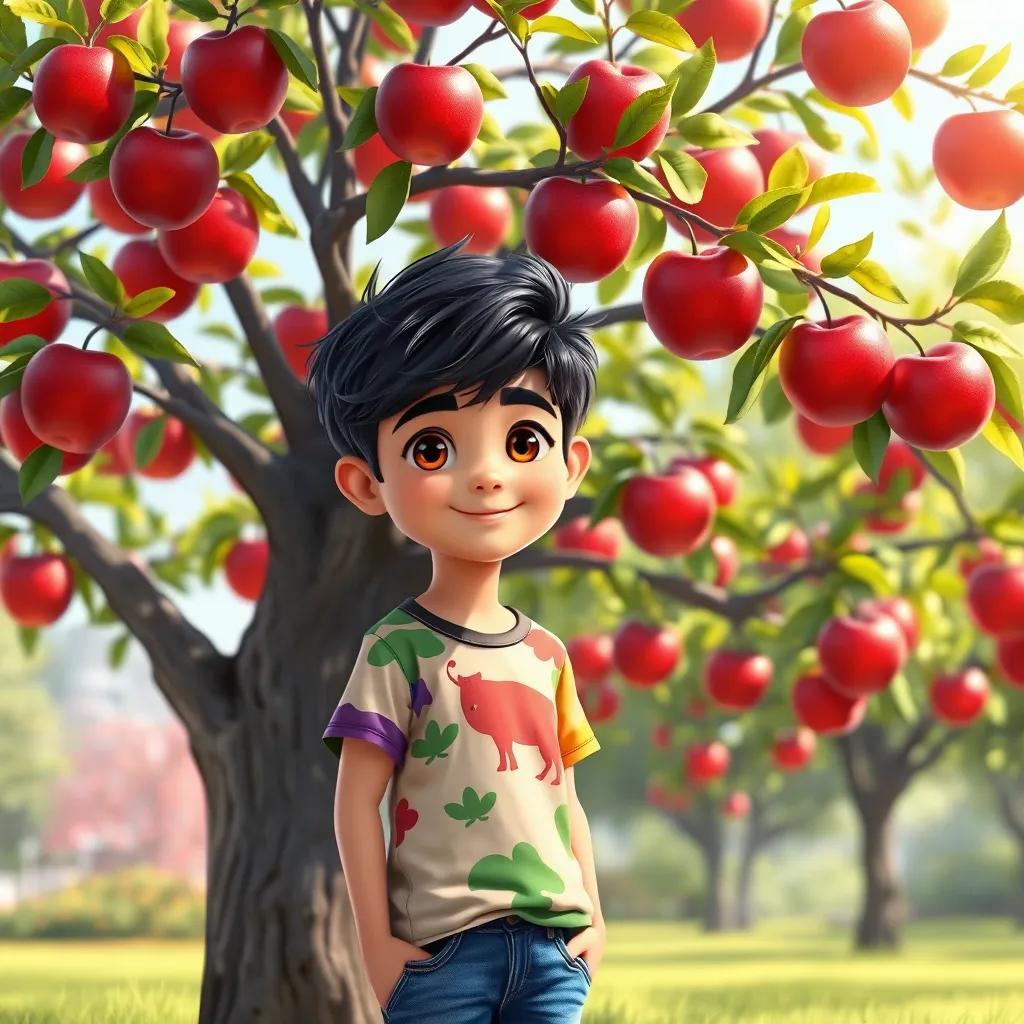 A young boy, Ali, with dark hair and bright eyes, wearing a colorful t-shirt and jeans, standing under a beautiful apple tree full of shiny, red apples, park setting, cheerful, bright day, detailed illustration, high quality