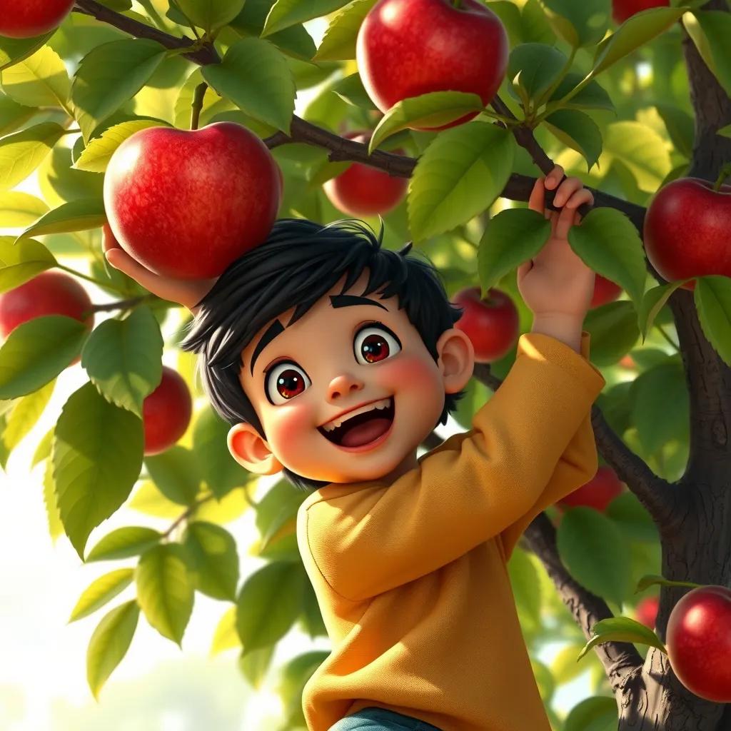 Ali, a young boy with dark hair, climbing the apple tree with excitement, reaching for a shiny, large apple in the branches, sunlight filtering through the leaves, vibrant colors, adventurous scene, high quality