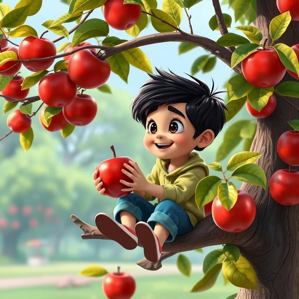 Ali, a young boy with dark hair, sitting on a branch of the apple tree holding a big, shiny apple, looking around with a mix of joy and mischief, park background, lively colors, cartoonish style, high quality