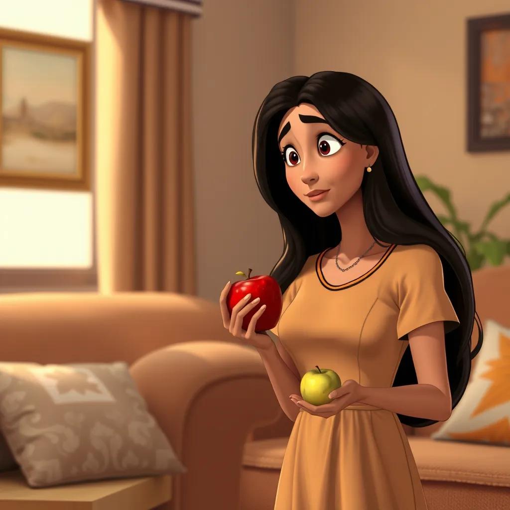 Ali's mother, a woman with long dark hair, wearing a comfortable dress, looking curiously at Ali as he explains where he got the apple, home setting, warm atmosphere, informative scene, high quality