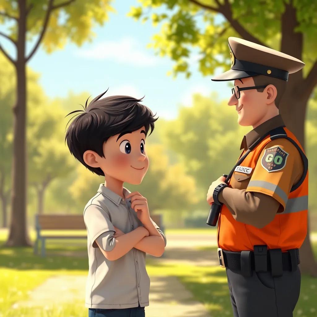 Ali, a young boy with dark hair, apologizing to a park guard, who is friendly and kind, standing in a sunny park, conveying a sense of understanding, warm colors, heartwarming scene, high quality