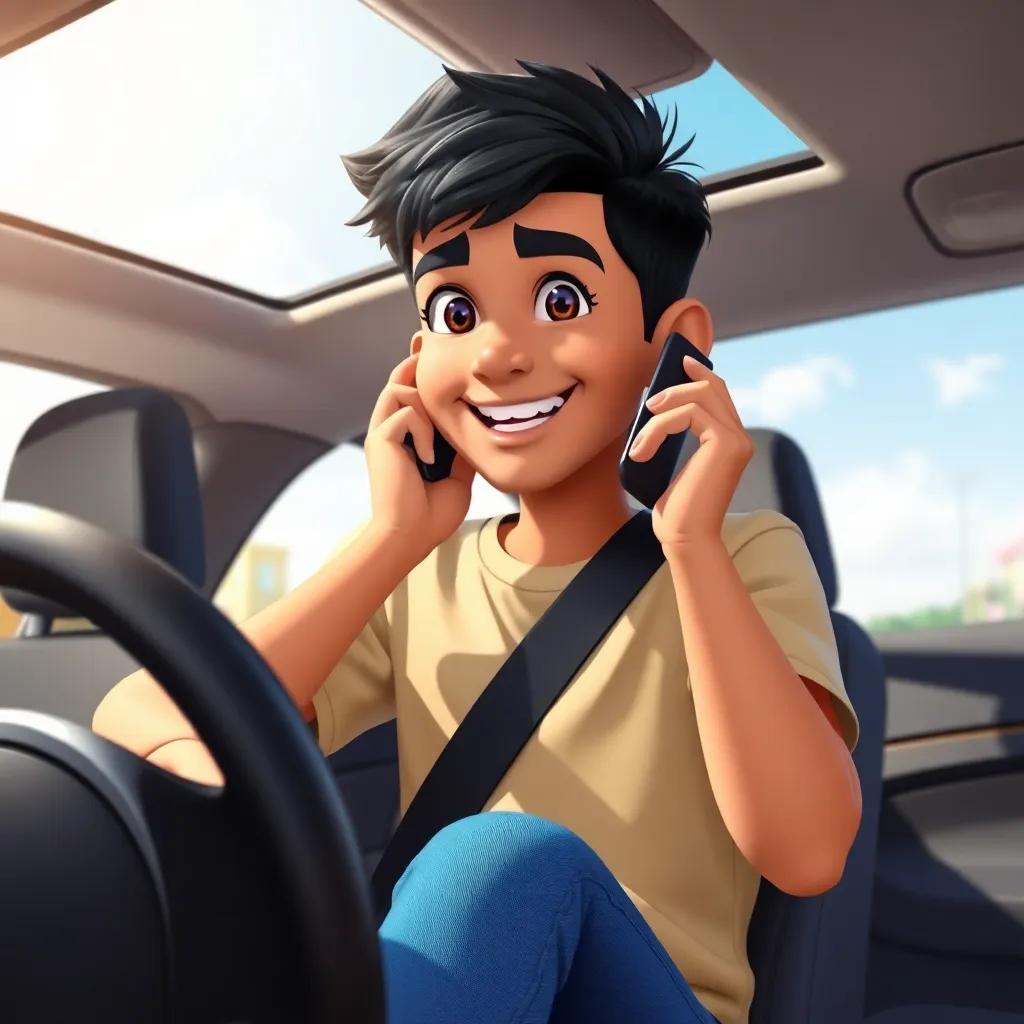 A young Arab boy, Ali, with short black hair, wearing a casual t-shirt and jeans, driving a car on a sunny day, smiling while talking on the phone, vibrant colors, cheerful atmosphere, high quality