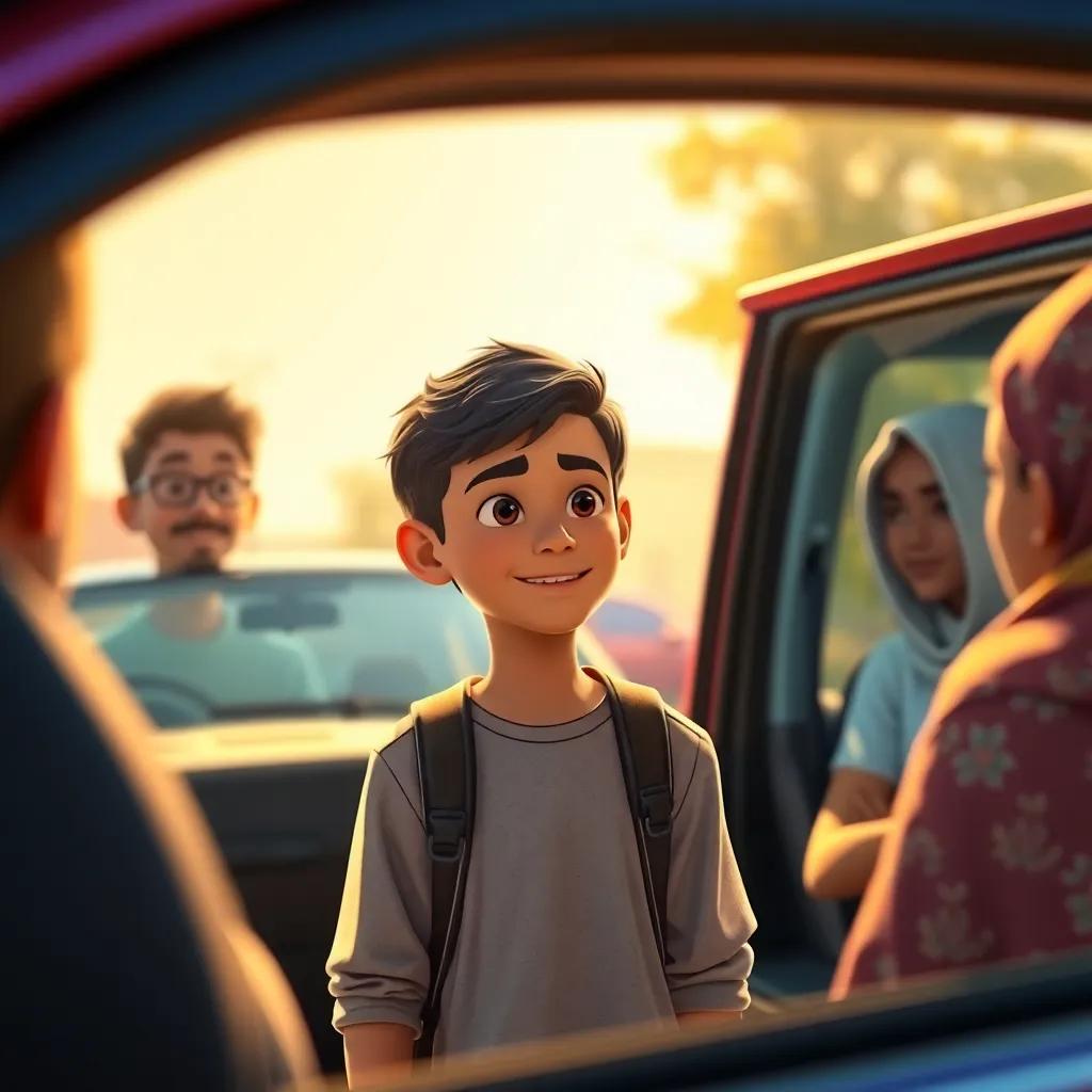 A young Arab boy, Ali, with short black hair, standing outside his car looking relieved after an accident, surrounded by his friends, colorful scene, bright sunlight, warm mood, high quality