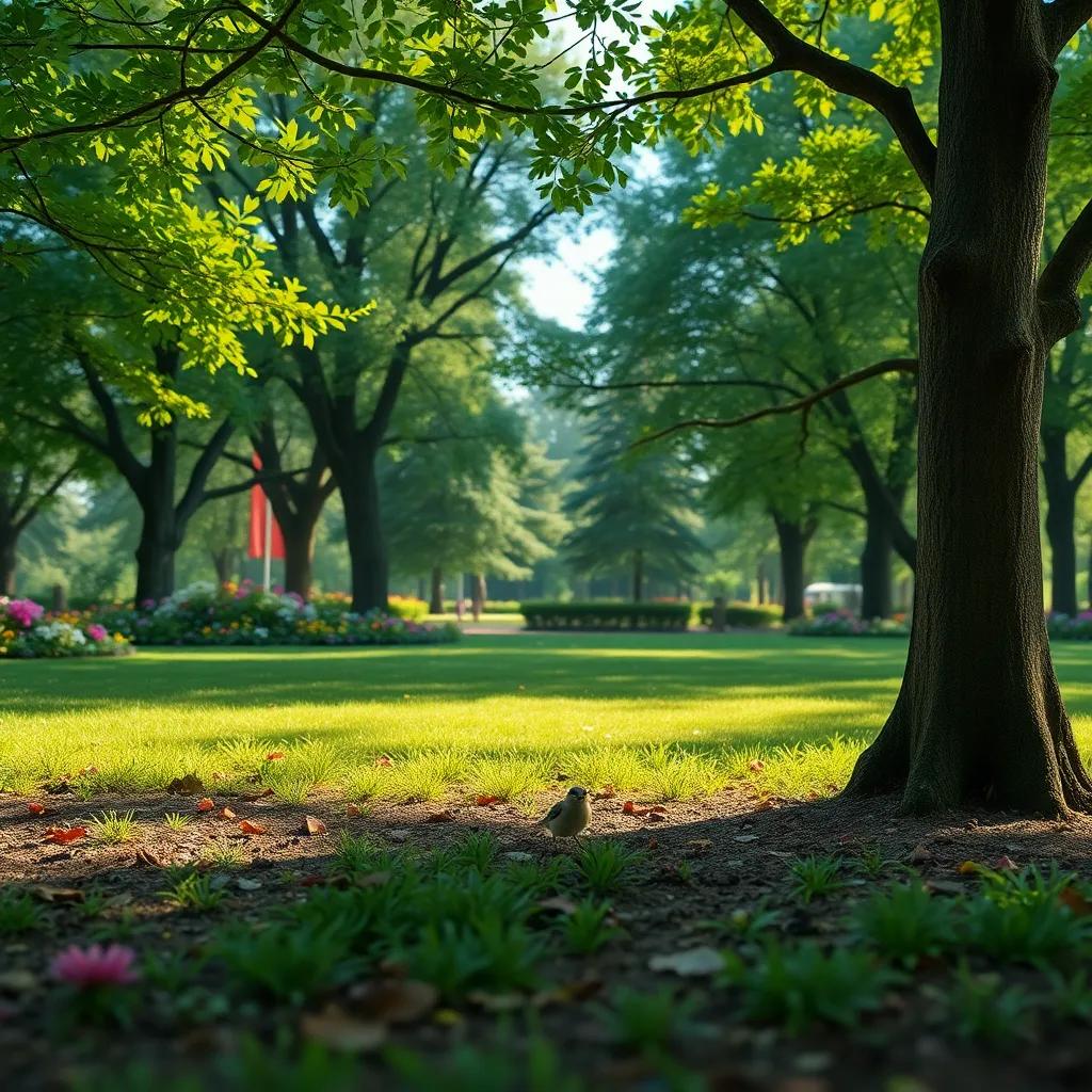 A serene park scene with green trees and colorful flowers, featuring a small, injured bird on the ground under a tree, looking sad and delicate, digital art, soft lighting, warm colors, inviting atmosphere, high quality