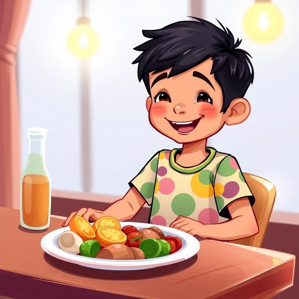 A joyful child, Sami, a young Arab boy, with short black hair, wearing a colorful t-shirt and shorts, sitting at a dining table with a plate of food and smiling, digital art, vibrant colors, warm atmosphere, high quality