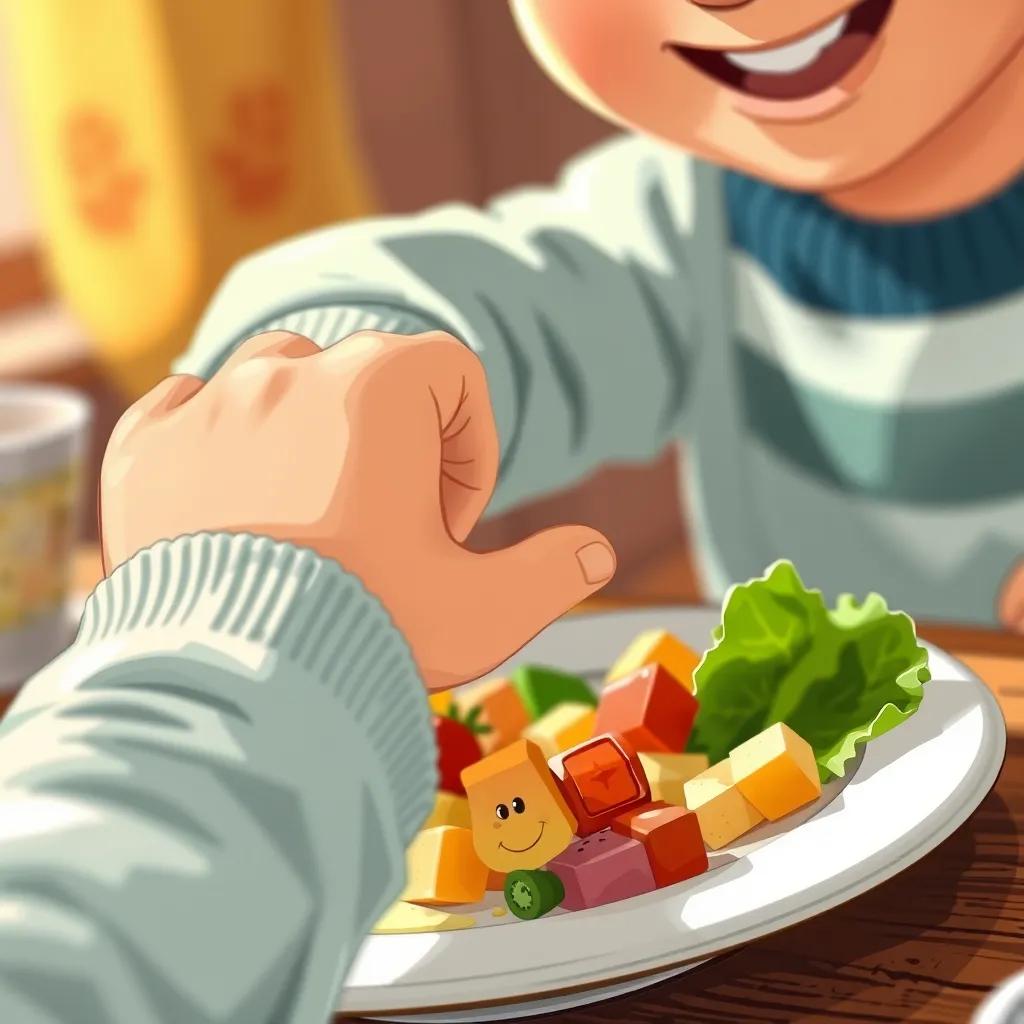 A close-up of Sami's right hand reaching for food on a plate, with a focus on his hand and colorful food, warm light, high quality, narrow depth of field, joyful