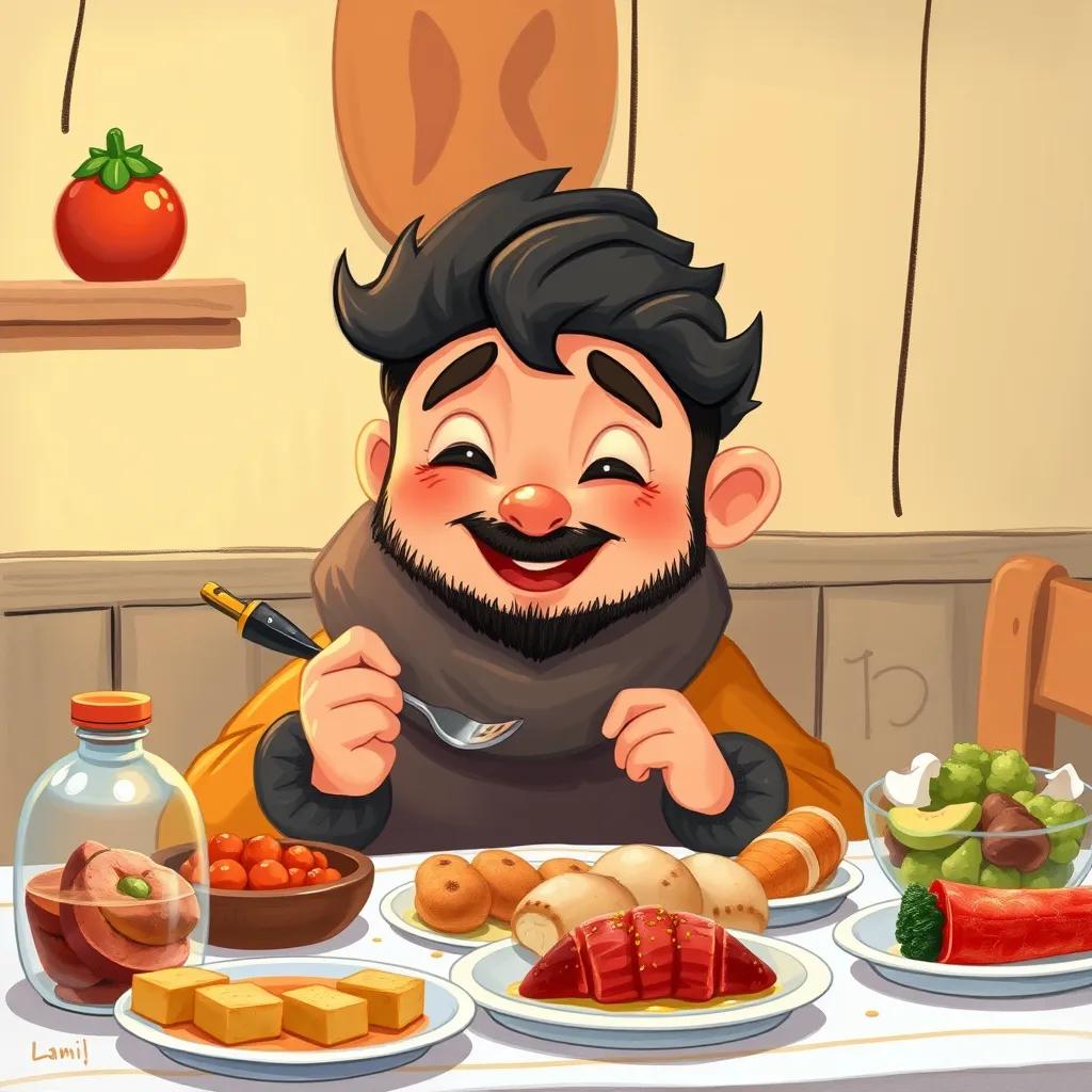 A cozy scene of Sami eating slowly with a happy expression, the table filled with delicious food, vibrant colors, inviting light, detailed view, high quality