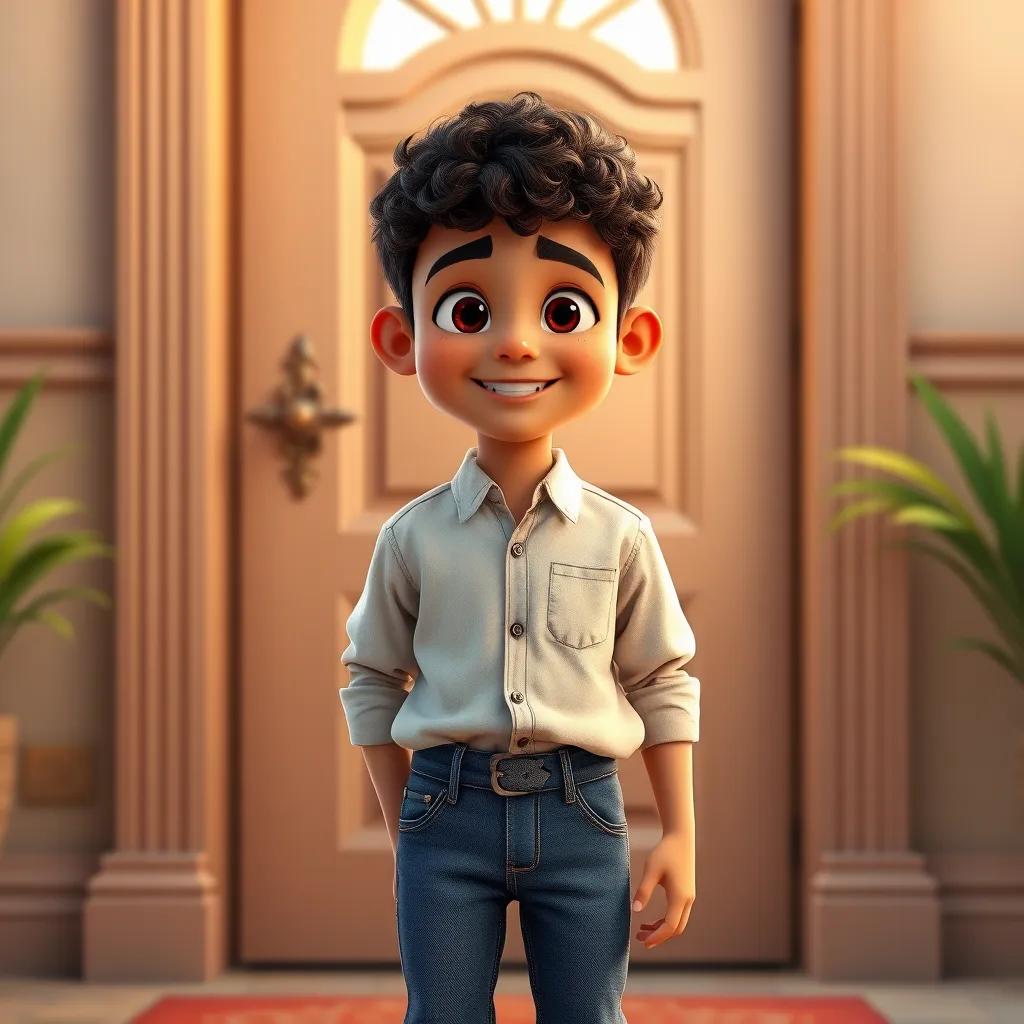 A cheerful young Arab boy, with short curly hair, wearing a clean shirt and jeans, standing in front of a door ready to knock, bright and friendly atmosphere, digital art, vibrant colors, warm light, inviting scene, high quality