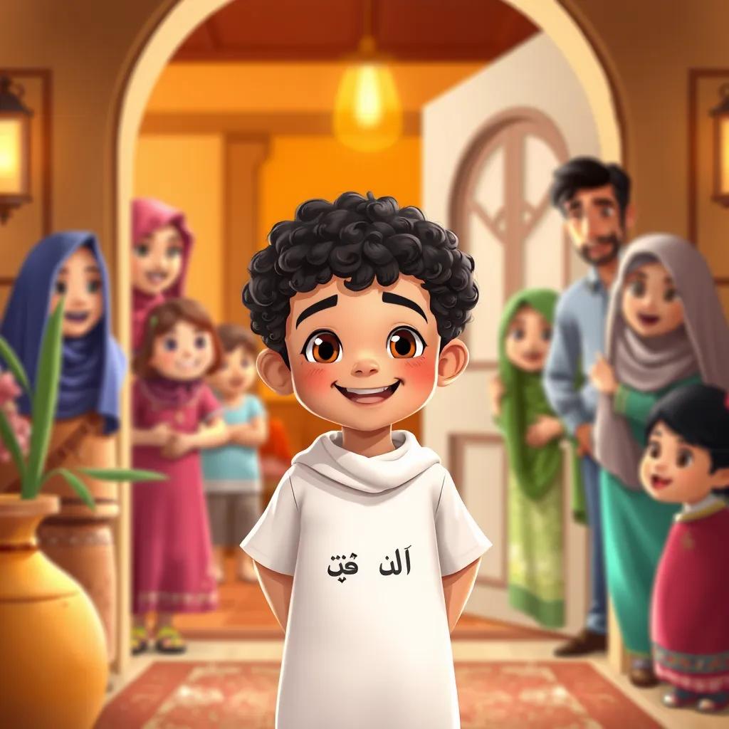 A young Arab boy, with short curly hair, smiling and saying 'السلام عليكم' at the entrance of a cozy home, surrounded by welcoming family members, warm colors, friendly atmosphere, child-friendly, detailed illustration, high quality