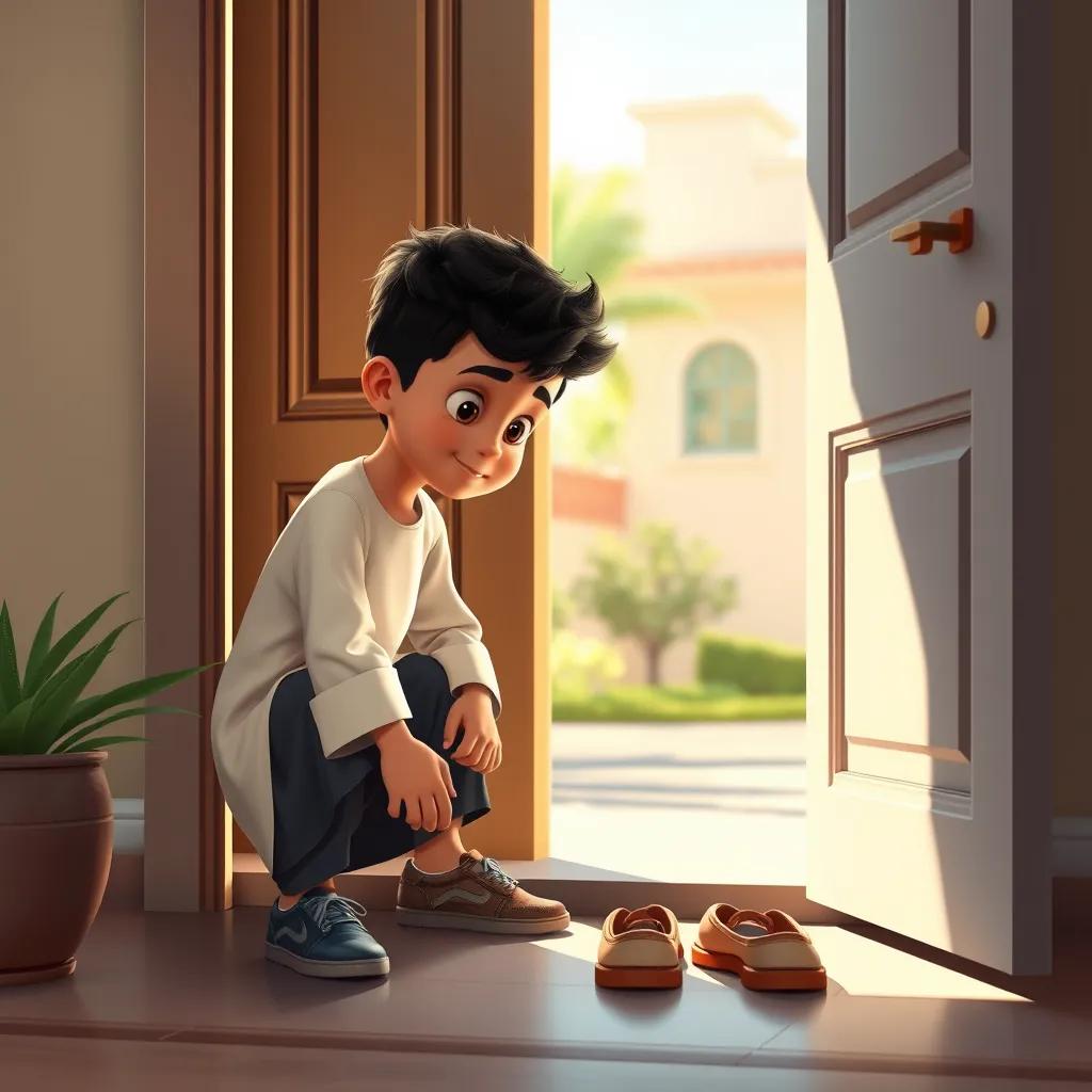 A young Arab boy, with short curly hair, taking off his shoes at the entrance of a beautiful house, neatly placed shoes by the door, soft natural light, clean and organized space, child-friendly, illustration, high quality