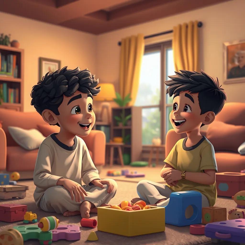 A young Arab boy, with short curly hair, engaging in a conversation with his friend in the living room, toys and games scattered around, smiles on their faces, warm lighting, inviting atmosphere, child-friendly, detailed illustration, high quality