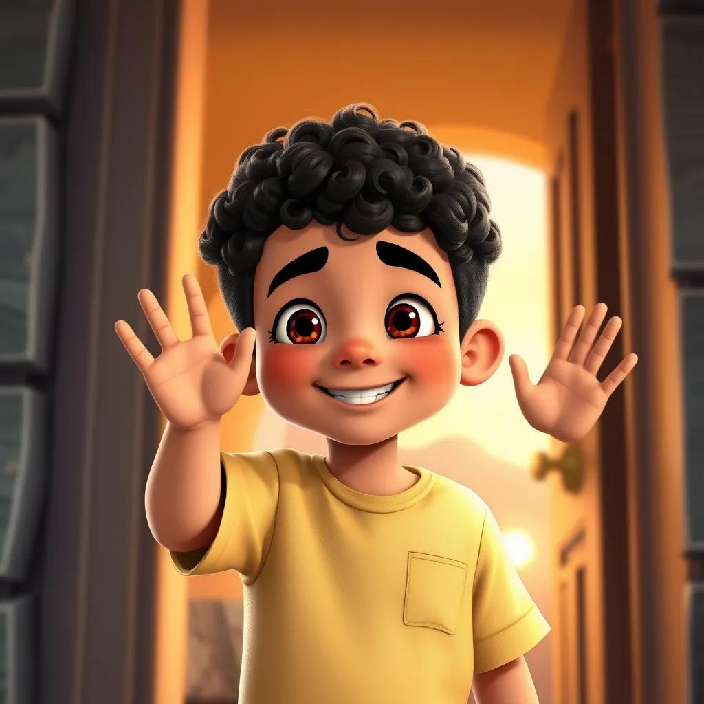 A young Arab boy, with short curly hair, waving goodbye to his friend and their family at the door, bright smile, warmth in the air, colorful scene, dusk light, child-friendly, detailed digital art, high quality