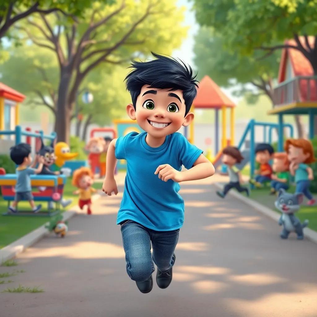 A confident boy, Adam, with short black hair, wearing a bright blue t-shirt and jeans, happily running towards a playground with a playground full of children playing with cartoon characters like Tom and Jerry, vibrant colors, lively scene, joyful expression, illustration