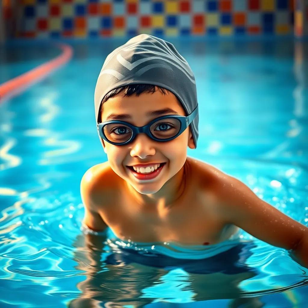 A young Egyptian boy, Adam, with short black hair, wearing a swimming cap and goggles, practicing swimming in a vibrant pool filled with colorful tiles, joyful atmosphere, digital art, bright colors, action, high quality