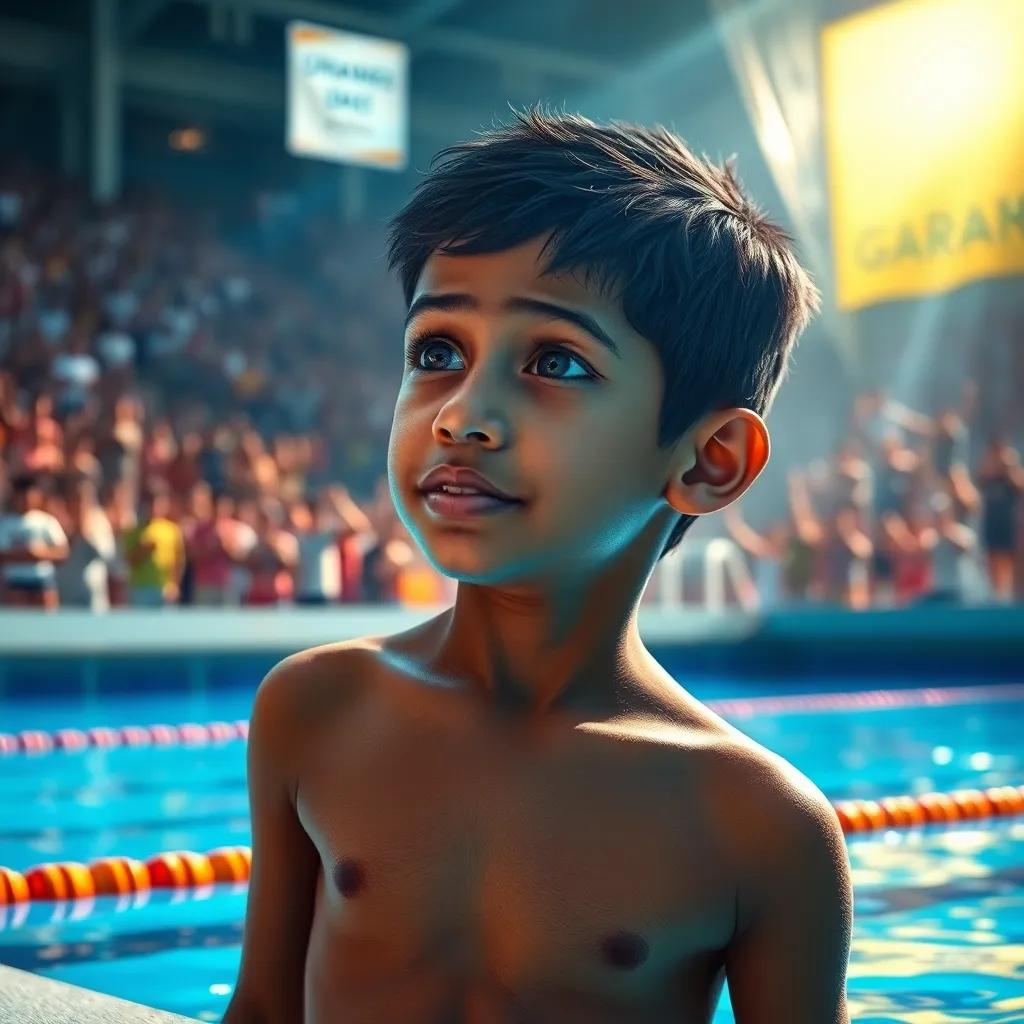 A young Egyptian boy, Adam, with short black hair, standing at the edge of a swimming pool, looking determined and hopeful, with sunlight shining down, a crowd cheering in the background, digital art, vibrant colors, uplifting scene, high quality