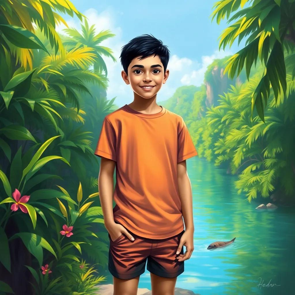 A brave boy named Adam, a young Arab boy, with short black hair, wearing a bright t-shirt and shorts, standing next to the Amazon River surrounded by lush greenery, bright colors, cheerful atmosphere, digital art, vibrant and lively