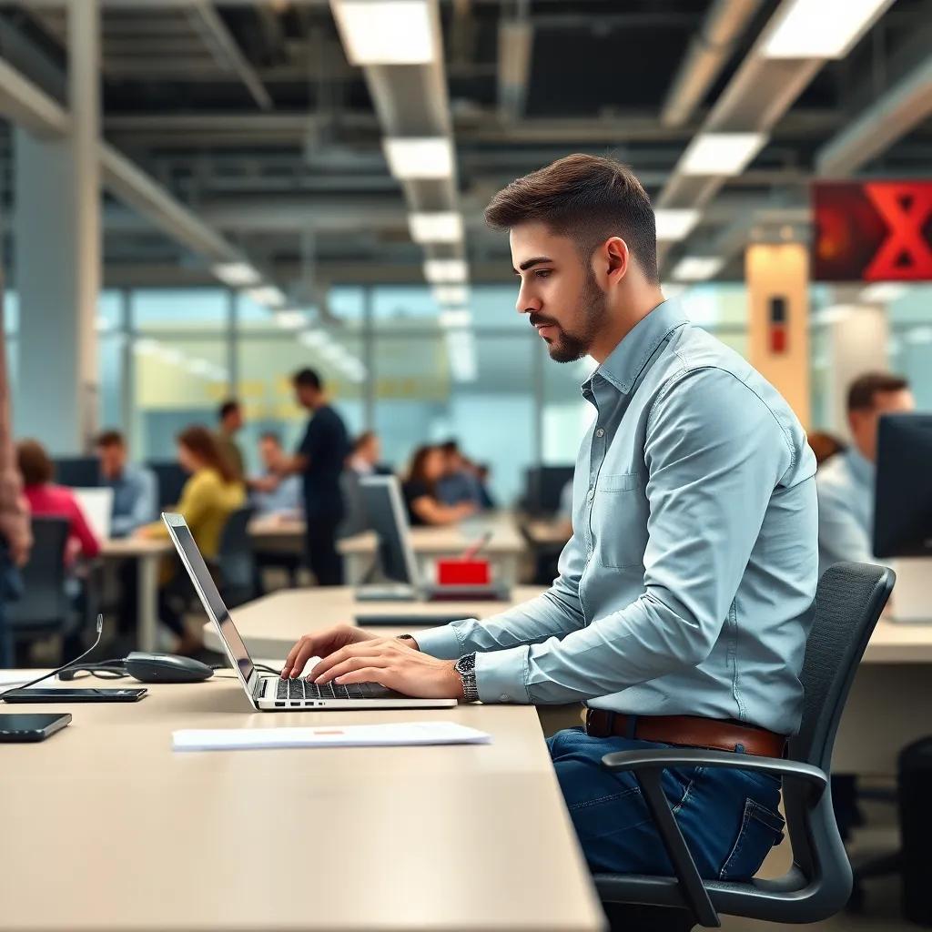 Adam, a young Arab man in a smart casual shirt and jeans, working on a laptop at his desk in a busy office space filled with colleagues, illustrating teamwork and focus, digital painting, lively colors, dynamic atmosphere, high quality