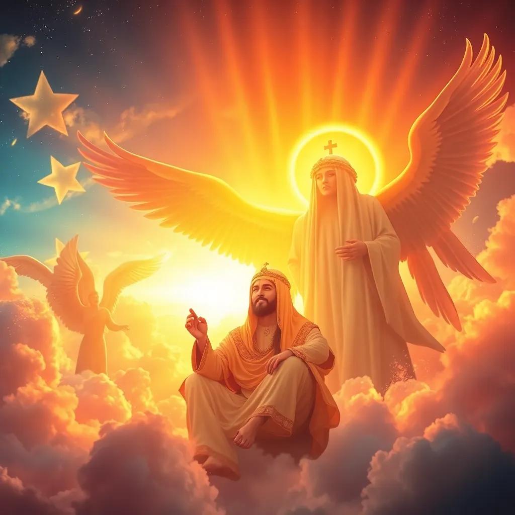 A bright scene depicting Allah speaking with angels, heavenly atmosphere, golden light, vibrant colors, digital art, inviting feel, high quality