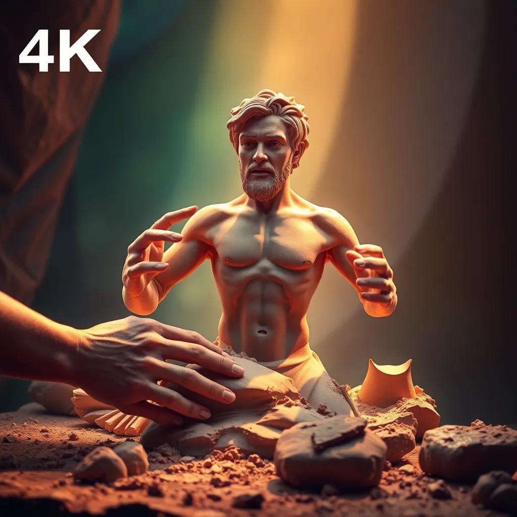 A beautiful depiction of Adam being created from clay, with hands crafting him, lively colors, soft light, artistic creation scene, high quality