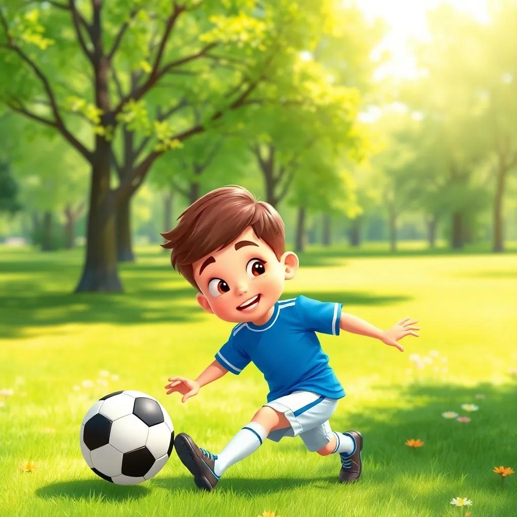 A young boy, Adam, with short brown hair wearing a blue soccer jersey, kicking a soccer ball in a bright green park under the spring sun, digital art, vibrant colors, cheerful atmosphere, high quality