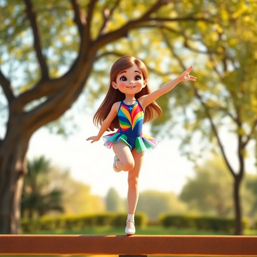 A young girl, Alaa, with long brown hair wearing a colorful gymnastics leotard, performing a graceful balance beam routine in a sunny park, digital art, lively colors, joyful ambiance, high quality