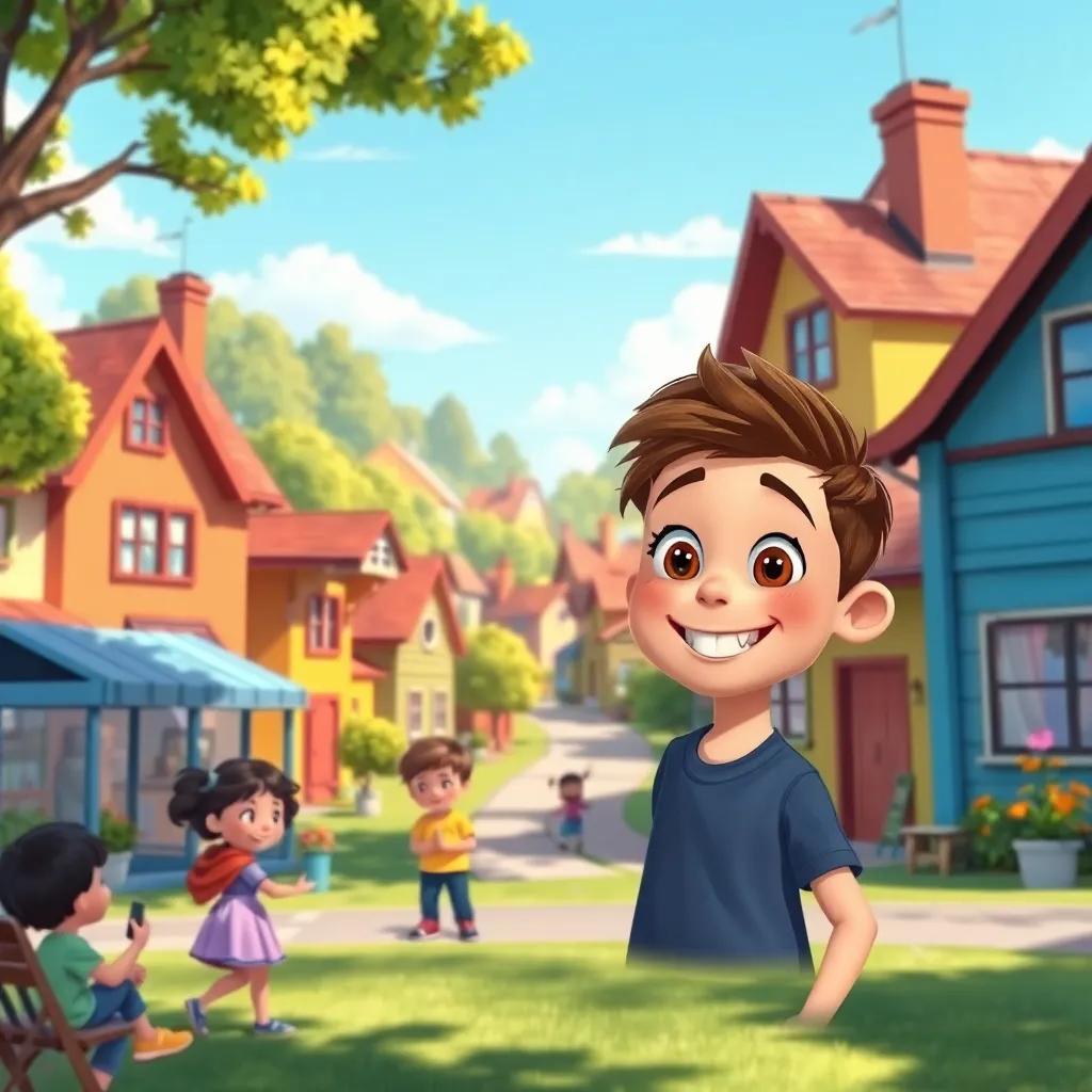 A small village with colorful houses and trees, showing a sunny day, with children playing in a park, a boy named Adam with bright eyes and a big smile, engaging with friends, cheerful atmosphere, illustration, warm colors, inviting scene, high quality