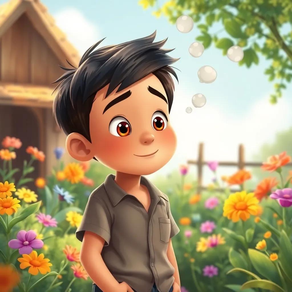 Adam, a young boy with bright eyes, daydreaming about being the richest man in the village. He has short dark hair and wears a casual shirt and shorts, surrounded by a garden and colorful flowers, whimsical, hopeful vibe, cheerful, vibrant art, high quality