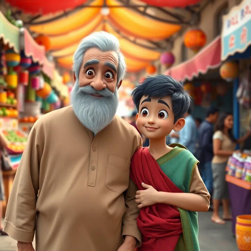 An open village market with colorful stalls and friendly people, showing Adam and his grandfather walking together. The grandfather is an older man with a gentle smile, wearing traditional attire, while Adam looks curious and inspired by the place, lively, colorful scene, inviting atmosphere, high quality