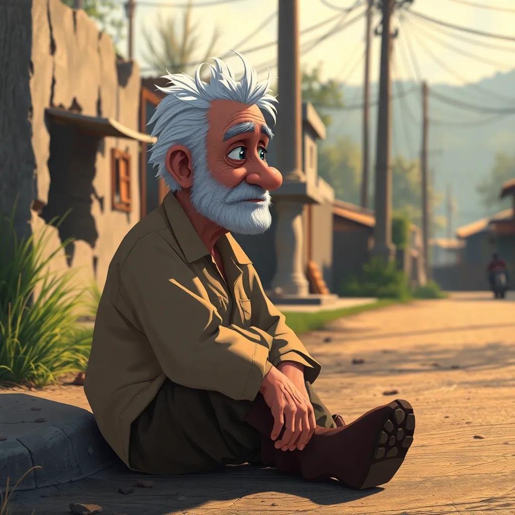 An elderly man sitting on the roadside, looking wise yet weary, surrounded by simple surroundings. Adam watches him, questioning life and ambition, heartfelt moment, warm light, emotional atmosphere, thoughtful illustration, high quality