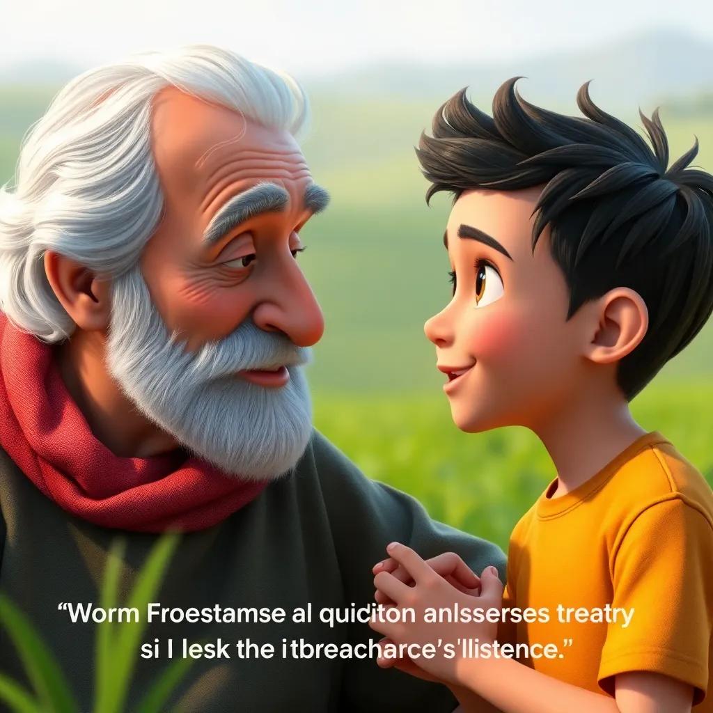 Adam listening to his grandfather's wisdom, showing admiration on his face. The grandfather, gentle-eyed and wise, is explaining the importance of working hard for dreams, with a soft background of green fields, inspirational, warm moment, high quality