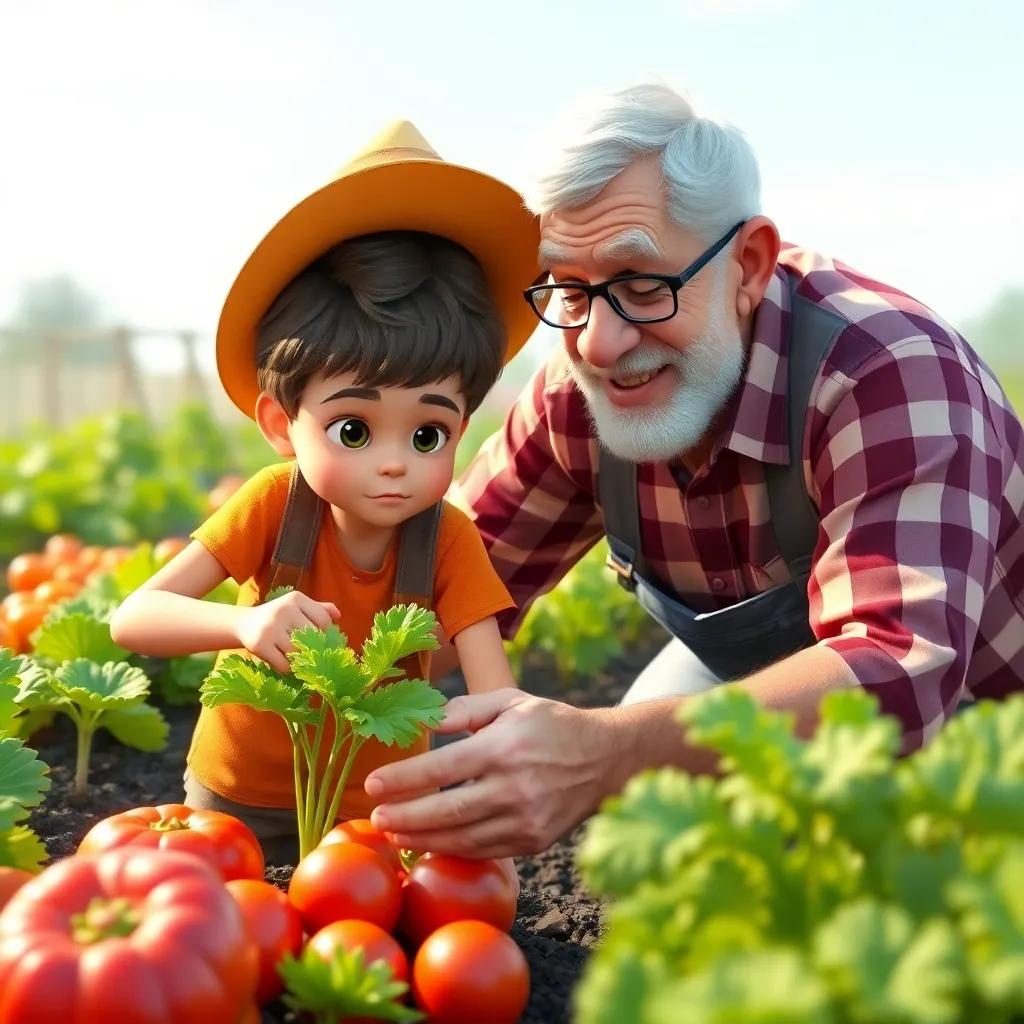 A determined Adam picking vegetables in a garden with his grandfather, showing teamwork and effort. Adam wears a sun hat, looking focused, and the garden is full of colorful produce, encouraging, vibrant colors, happy atmosphere, high quality