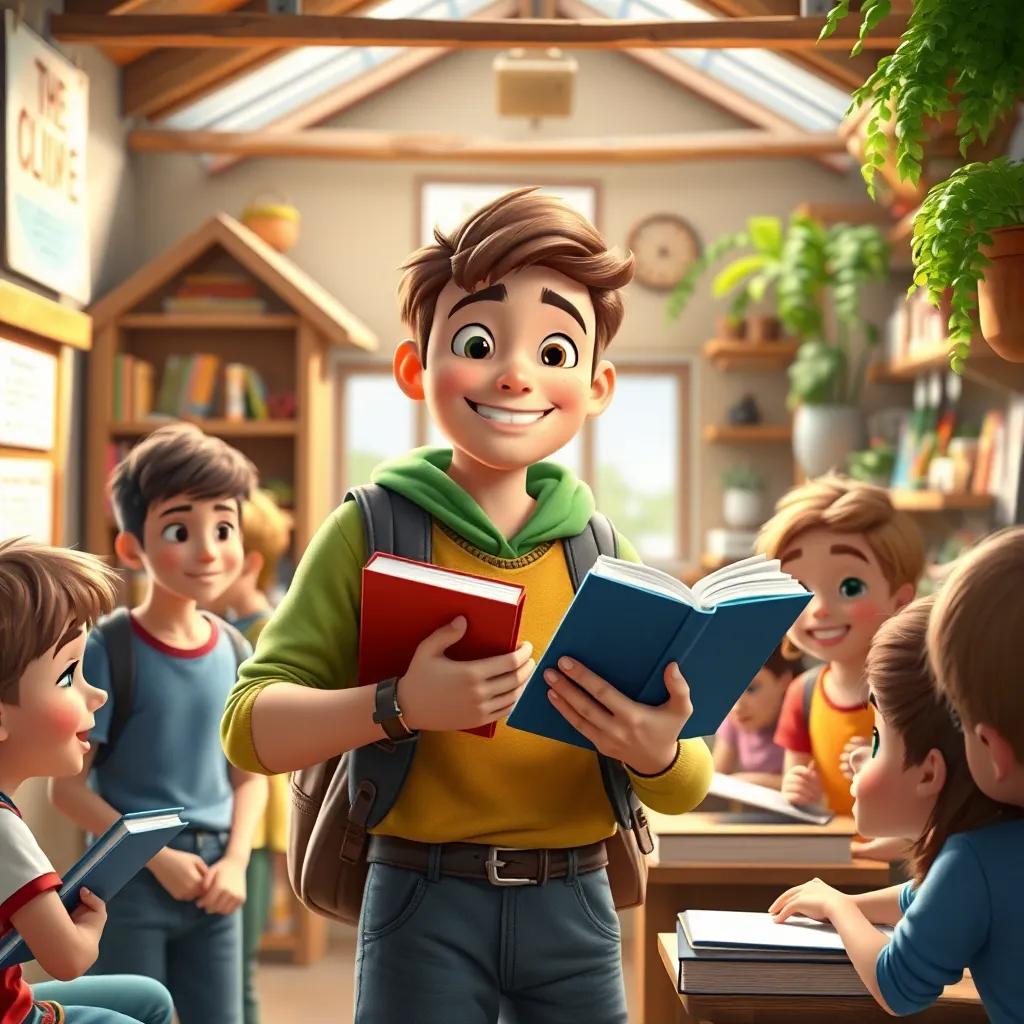 A successful Adam now as a top student, holding books and working on a project in his small village shop. He smiles proudly, surrounded by students learning and supporting each other, uplifting scene, bright colors, inspiring atmosphere, high quality