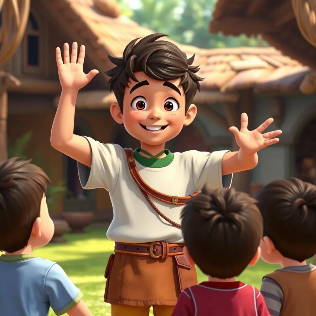 Adam proudly sharing his lessons with friends, with a playful setting in the village where kids are gathered around him eagerly listening. His expression shows enthusiasm and confidence, colorful background, inspiring moment, engaging illustration, high quality