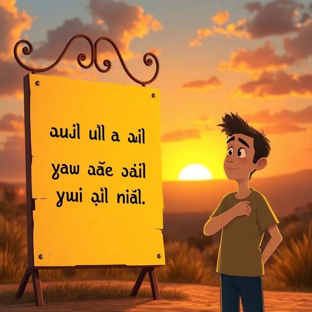 A wise inscription on a signboard saying: 'الأحلام دون عمل كزرع بدون ماء؛ لتحقيق الطموحات، يجب أن نبذل الجهد.' Adam stands next to it, with a thoughtful expression, a beautiful sunset in the background, reflective moment, warm colors, meaningful atmosphere, high quality