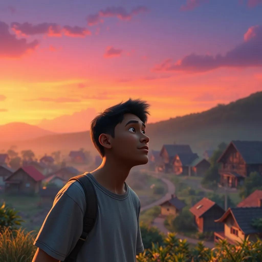 A serene view of a village at dusk with Adam looking hopeful, reflecting on his journey. The sky is painted in shades of orange and purple, symbolizing dreams and hard work, tranquil art, peaceful atmosphere, high quality