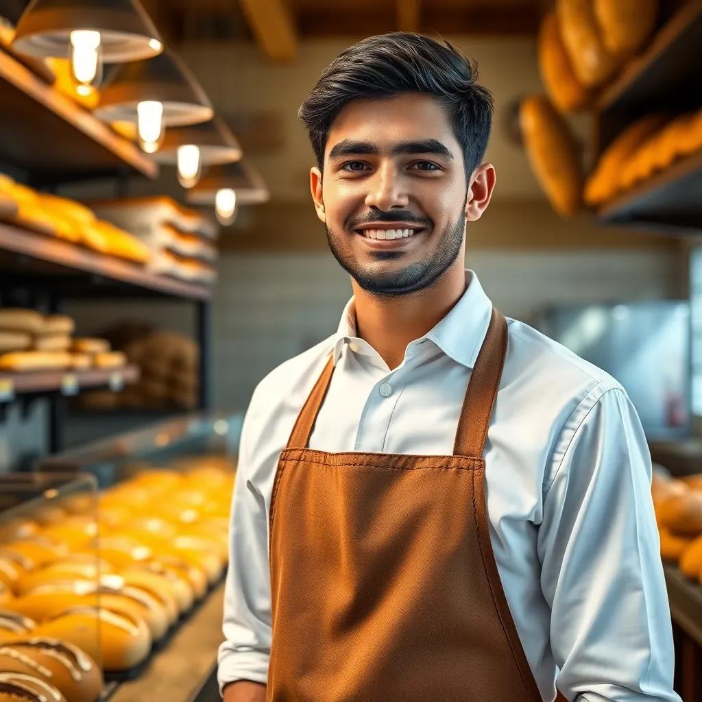 A young Arab man, Adam, with short black hair, wearing an apron and a white shirt, standing in a beautiful bakery filled with freshly baked bread, warm light, cheerful atmosphere, digital art, high quality