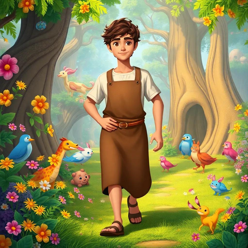 Adam, a young Arab man in an apron, crossing a magical forest filled with colorful creatures and flowers, determined expression, fantasy environment, bright colors, children-friendly illustration, high quality