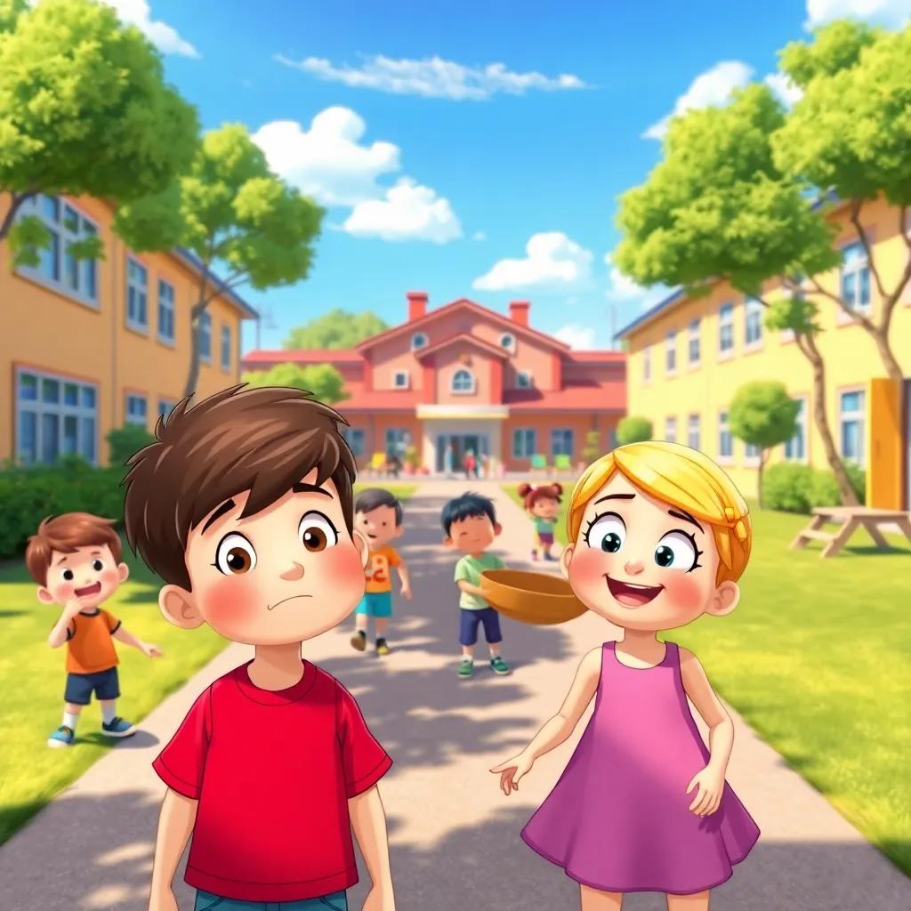 A sunny school playground filled with happy children playing and laughing, Adam with a worried face, and Sarah with a curious expression, bright colors, joyful atmosphere, digital art, child-friendly