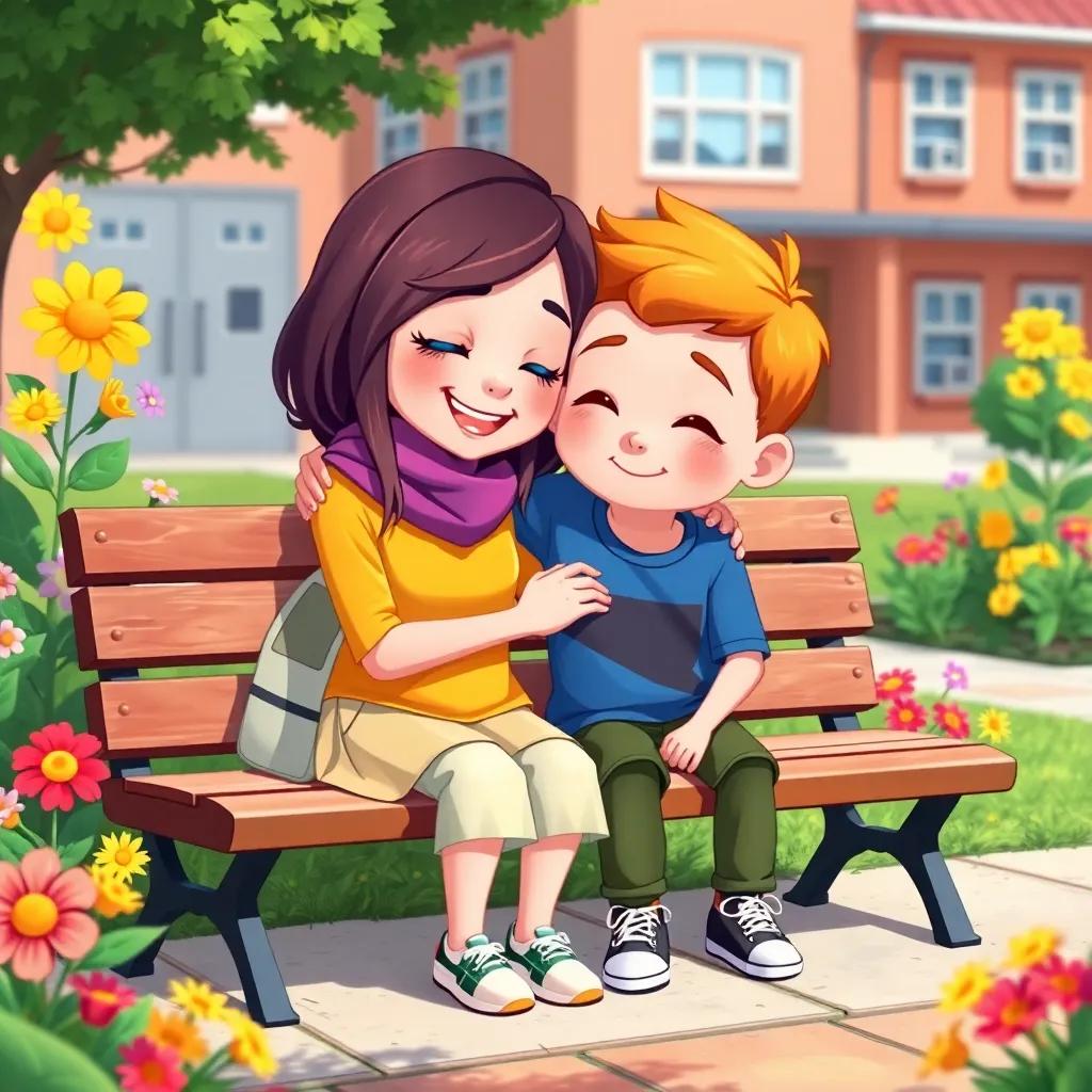 Sarah comforting Adam, both sitting on a bench, sunny day at a school surrounded by colorful flowers, colorful, cheerful, encouraging tone, illustration, child-friendly