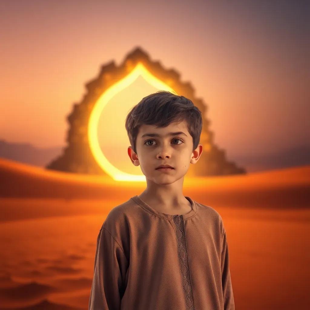 A young Moroccan boy, Adam, with bright eyes and brown hair, standing in the vast golden sands of Merzouga Desert, staring at a mysterious glowing portal, digital art, warm colors, intriguing atmosphere, high quality