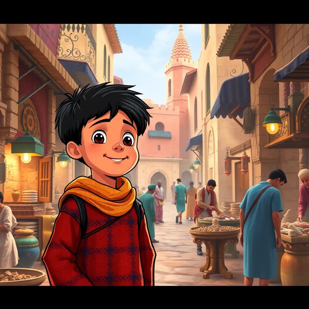 Adam, a young Moroccan boy, experiencing the ancient city of Fes, witnessing craftsmen building with enthusiasm, surrounded by vibrant colors and sounds, illustration, lively, historical scene, child-friendly