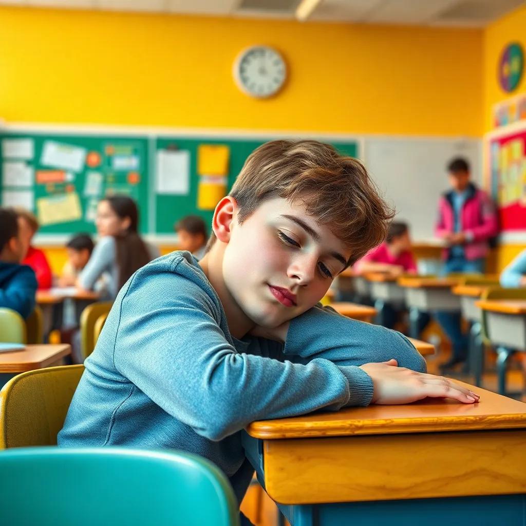 A classroom scene with a teenage boy, Adam, leaning on his desk asleep. The room is brightly lit and colorful, with students and a teacher in the background, digital art, vibrant colors, cheerful atmosphere, high quality